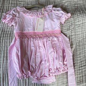 NWT pink smocked bubble with floral embroidery